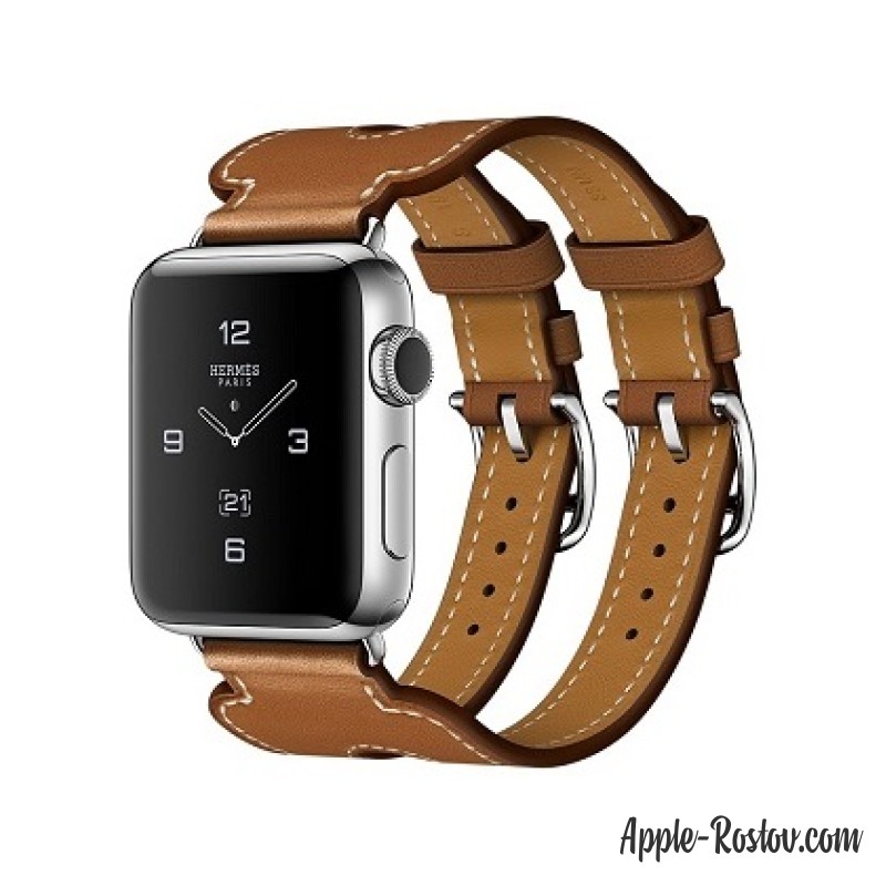 Apple Watch Hermes 38 mm silver/Cuff in leather Barenia Fauve color with double buckle